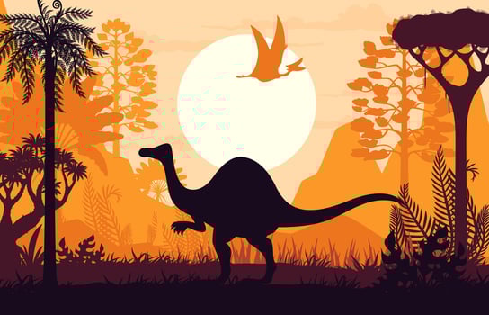 Dinosaur silhouette in prehistoric tropical forest vector