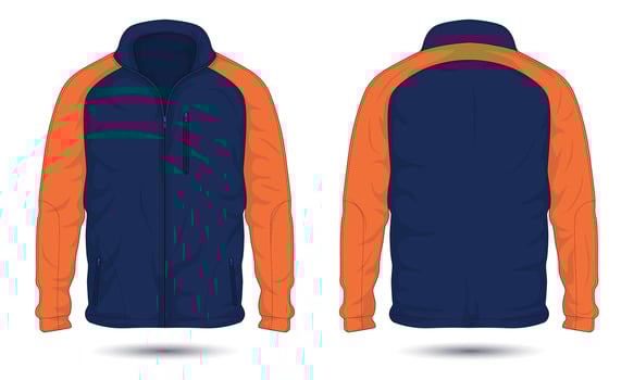 Blue and orange zipper sports jacket mockup front and back view vector