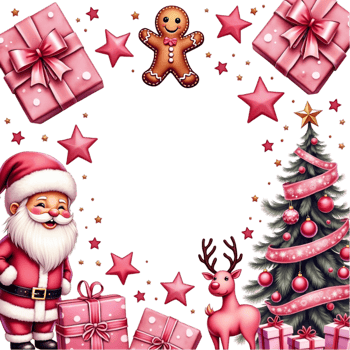 A festive border features Christmas elements such as a gingerbread man, gifts wrapped with pink ribbons, a Christmas tree adorned with pink decorations, png