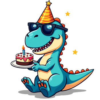 A cheerful dinosaur wearing a party hat and sunglasses stands beside a colorful birthday cake adorned with lit candles. png