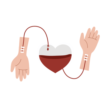 Two hands holding a blood bag and a heart png