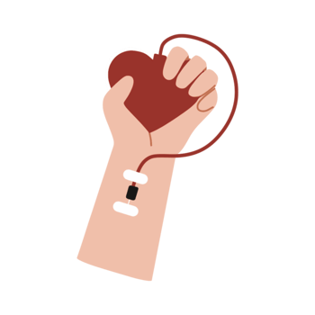 A hand holding a blood bag with a heart png