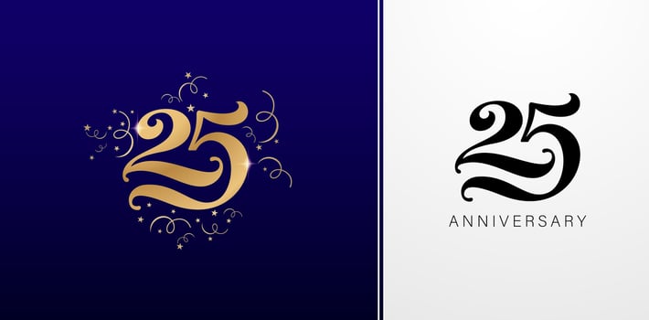 25th anniversary logo design template with gold and black elements isolated backgrounds for greeting cards, invitation, Wedding anniversary , banner and celebration company or business corporate signs vector