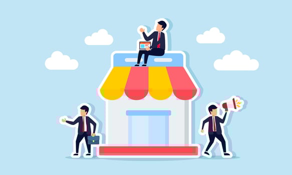 Employees working on promotions, management, and public relations for a supermarket, illustration of Manage a supermarket, promote a brand, and build customer relations to boost sales quickly vector