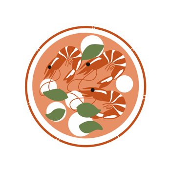 A round plate with shrimp and vegetables on it png