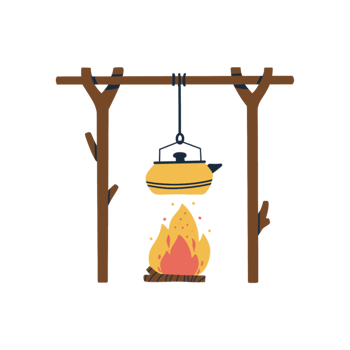 A campfire and kettle hanging over a wooden pole png