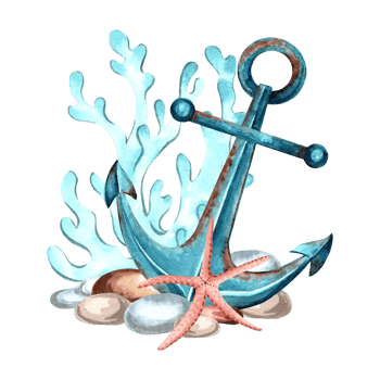 Anchor with coral and starfish on pebbles. Watercolor illustration, hand drawn, isolated. Marine composition. Oceanic animal. Marine life theme. Template for postcard, print, sticker, interior design. png