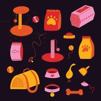 Pets supplies set, cat toys illustration bundle, pet shop, dog playing accessories collection, feline toy mouse, food, bags, chewing bone flat graphic elements kit, items for domestic animals vector