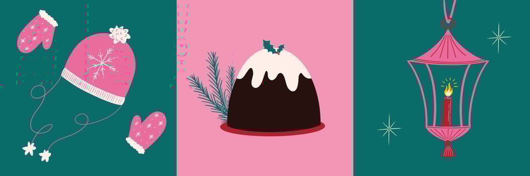 Set of cute Christmas cartoon illustrations, winter holiday season elements, Xmas cake, hat and gloves, lantern, snowflake, decorations, checkered design, retro flat style vector