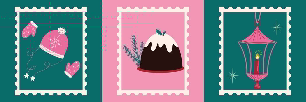 Set of cute Christmas cartoon stamp illustrations, winter holiday season elements, Xmas cake, hat and gloves, lantern, snowflake, decorations, checkered design, retro flat style vector