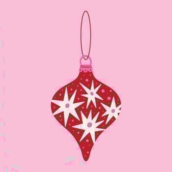 Christmas ornament with stars illustration element for tree. Pink and red Xmas ball, bauble, hanging toy hand drawn illustration. Winter holiday season decoration sticker vector