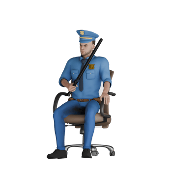 of Male Law Cartoon Professional. A male police officer sits facing right with his right hand carrying a tonfa in front of his chest. 3D Police png