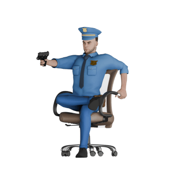 3D Cartoon of Male Police. A male police officer sitting facing right with right leg above left leg while right hand holding gun. Professional png