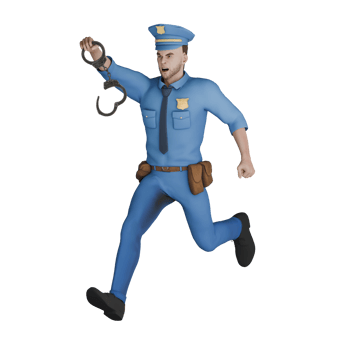 Law Enforcement 3D Cartoon. A male police officer running to the right with right hand holding handcuffs. Male Cop png