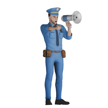 Male Cartoon Cop Character. A male police officer is using a megaphone to give orders or instructions and his hand is pointing in a certain direction. 3D Police png