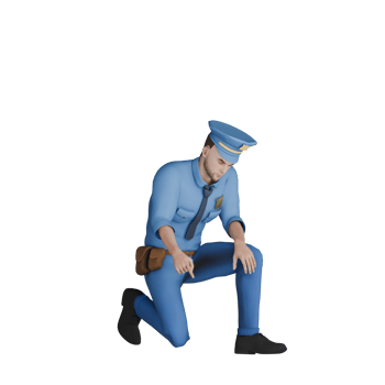 3D Illustrative Male Cartoon Cop. A male police officer was kneeling on the ground with a serious expression on his face. Law Professional png