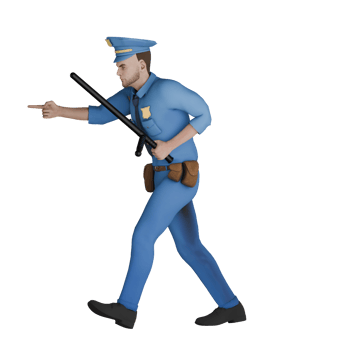 3D Male Cartoon Cop. A male police officer walks to the right with his left hand carrying a tonfa while his right hand points forward. Professional Law Character png