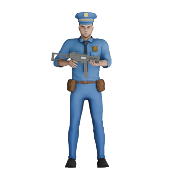 Professional Cartoon Cop in 3D. A male police officer standing with both hands holding long gun in front of chest. Male png