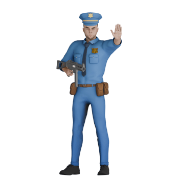 3D Law Enforcement Cartoon Male Cop. A male police officer standing with right hand holding long gun while left hand signaling stop. Professional png