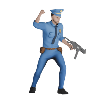 Professional Male Cartoon Police Character. A male police officer stands with his right fist raised upwards while his left hand holds a long-barreled gun. png