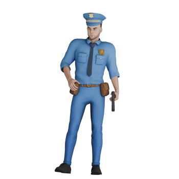 3D Model of Professional Male Cartoon Cop. A male police officer standing facing right with right hand on waist while left hand holding gun. Police png