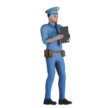 Law Enforcement Male Cartoon Cop. A male police officer standing with both hands holding book in front of chest. 3D Professional Character png