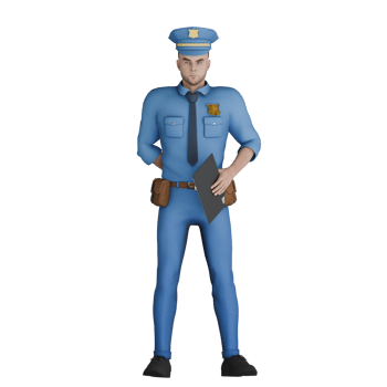 Law Enforcement Professional Male. A male police officer standing with left hand holding book while right hand behind body. 3D Cartoon Cop png