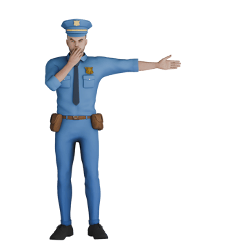 Professional Male Law Cartoon Character. A male police officer is standing and holding a HT in his right hand, while his left hand is stretched straight to the left. 3D Cop png