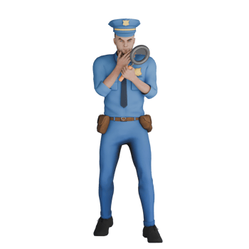 Male Cartoon Cop in Law 3D. A male police officer is holding a magnifying glass near his face in thought. Professional png