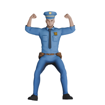 3D Male Cartoon Cop Character in Action. A male police officer is standing with both legs apart and both hands raised up in line with his head while clenching. Professional png