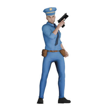 Professional 3D Law Cartoon. A male police officer in a blue uniform holds a gun in his right hand with his facial expression showing readiness and alertness. Male png