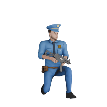 Male Cartoon Cop in 3D. A male police officer kneeling with both hands holding long gun. Professional png