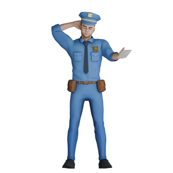 Law Cartoon . A male police officer is standing with his right hand holding the back of his head and his right hand extended forward. 3D Male Cop png