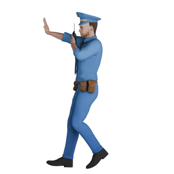 3D Professional Male in Cartoon Cop Role. A male police officer is standing facing to the right with his left hand holding a HT and his right hand stretched forward as if he is going to stop. Police png
