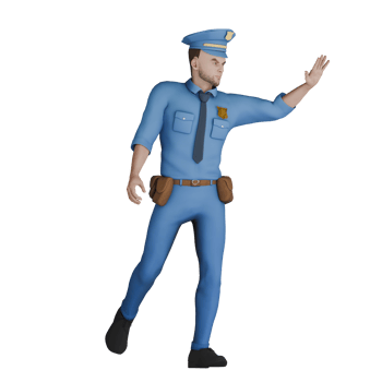 Professional Law Cartoon Male. A male police officer is standing with his left leg straight and his right leg raised behind him as if walking and facing left with his left hand raised. 3D Cop png