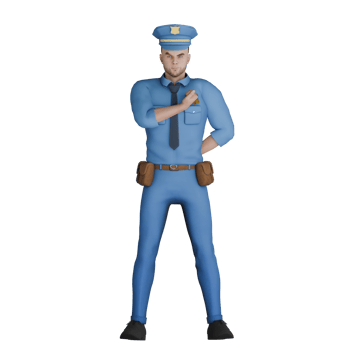 of 3D Male Cartoon Cop. A male police officer is standing with his left hand behind his body and his right hand in front of his body. Professional Cartoon png