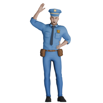 Male Cartoon Cop 3D Professional. A male police officer is standing with his right hand raised higher than his head and his left hand tucked behind his body. Law Cartoon png