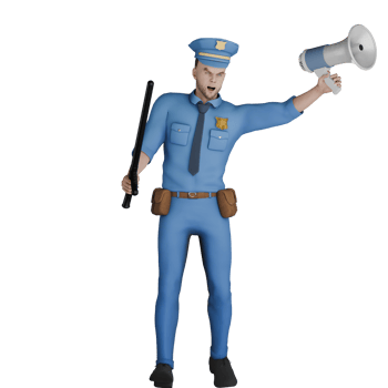 3D Male Cartoon Cop in Law Profession. A male police officer holding a baton in one hand and a megaphone in the other. Police Illustrated png