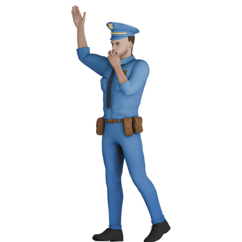 Male Cartoon Cop 3D Animation. A male police officer is raising one hand up, while using the other hand to hold his mouth with an expression that shows focus on controlling traffic. Professional Law png