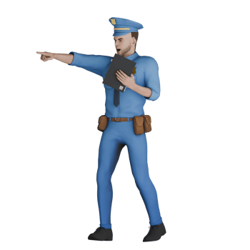 Professional 3D Male Law Cartoon Cop. A male police officer is holding a clipboard with one hand while pointing with the other hand. Police png
