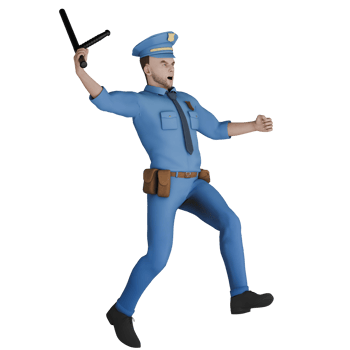 3D Male Cartoon Cop Law I. A male police officer is swinging a baton with one hand, looking ready to act. Professional png