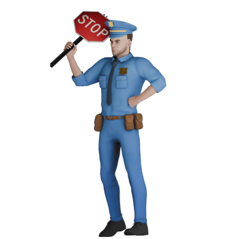 Professional Cartoon Cop Character in 3D9. A male police officer is holding a STOP sign in his right hand. Male png