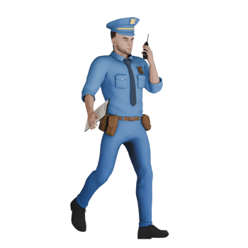 Male Law Cartoon Professional in 3D. A male police officer is walking while holding a communication radio in his right hand and several sheets of documents in his left hand. Cop Cartoon png