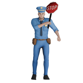 Male Cartoon Cop in Law 3D. A male police officer is holding a STOP sign with his right hand His attitude is straight and serious. Professional Character png