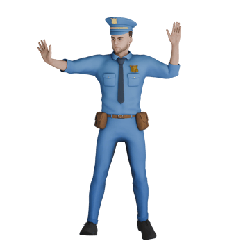 Cartoon Cop in 3D. A male police officer is raising both of his hands with palms facing forward, as if signaling someone to stop or detain. Male Professional png