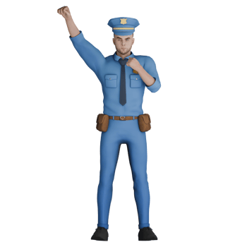 of Professional Male Cartoon Cop. A police officer is standing with one of his hands raised upward with a clenched fist and the other hand is holding the collar of his uniform. Police png