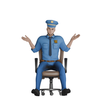Male Cartoon Cop in 3D Professional Law. A police officer is sitting in an office chair with a confused expression, his hands raised upward with open palms. Cartoon png
