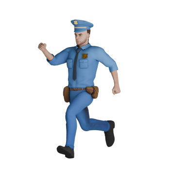 Illustrative 3D Male Cartoon Cop. A male police officer is running at a fast pace, indicating an urgent situation or pursuit. Professional png