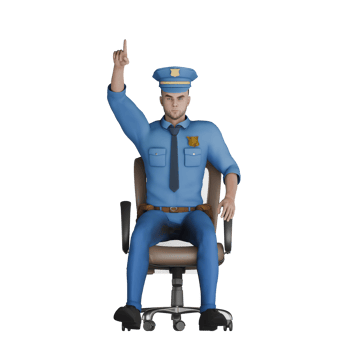 Male Professional Cartoon Cop - 3D Character. A male police officer is sitting in an office chair with his right hand raised with the index finger pointing upward. Law Enforcement png