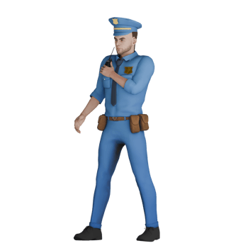 3D Male Cartoon Cop in Action. A male police officer is holding a radio near his mouth with a serious expression, indicating that he is communicating with his co-workers. Professional Law png